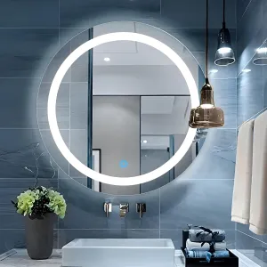 MIRROR WORLD led Mirror Round Design Modern Glass for Bathroom Mirror with 3 Color Light Wall Mounted Mirror with Front Light and Makeup Mirror with Touch Sensor and Stylish Wall mirror-18x18.